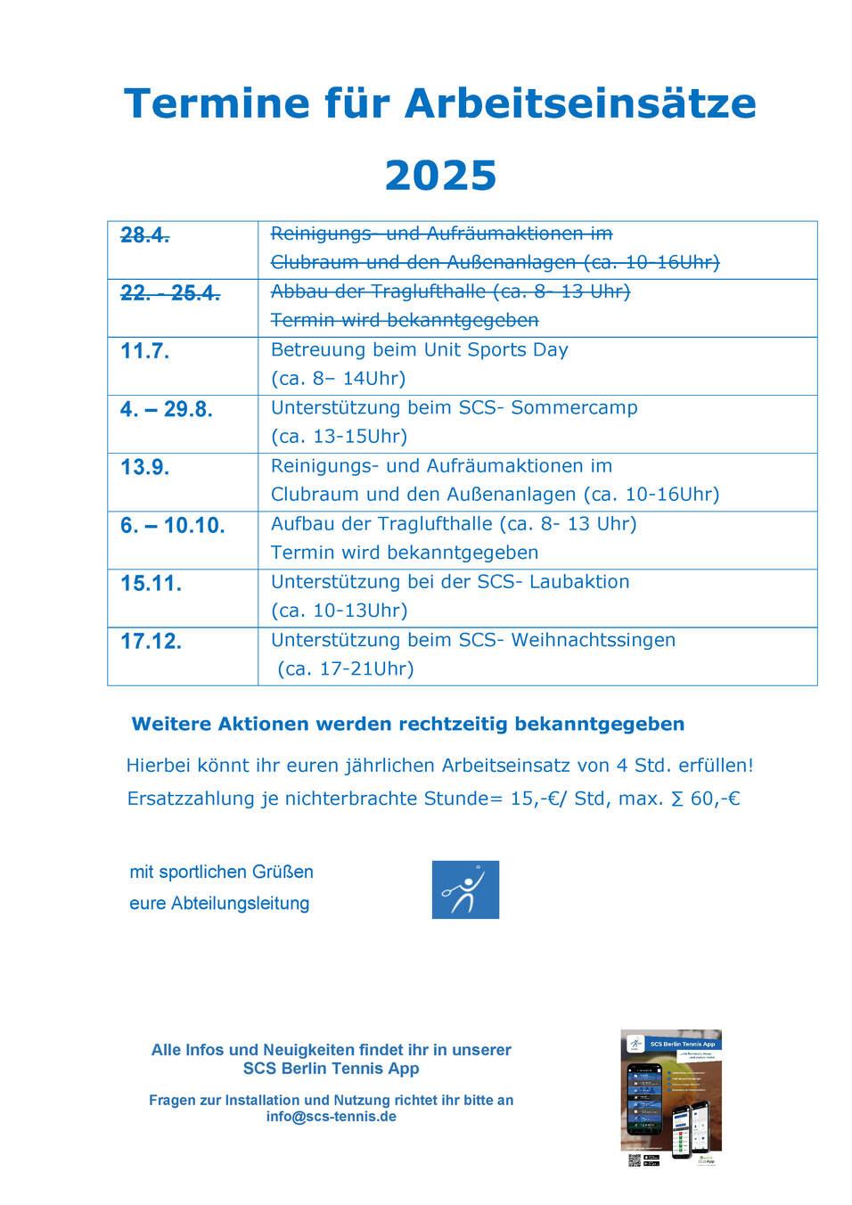 Übersichtstabelle mit Terminen für Arbeitseinsätze im Jahr 2025 bei SCS Berlin Tennis.