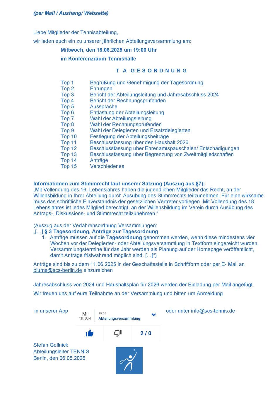 Einladung zur jährlichen Abteilungsversammlung der Tennisabteilung mit Tagesordnung und Kontaktinformationen.