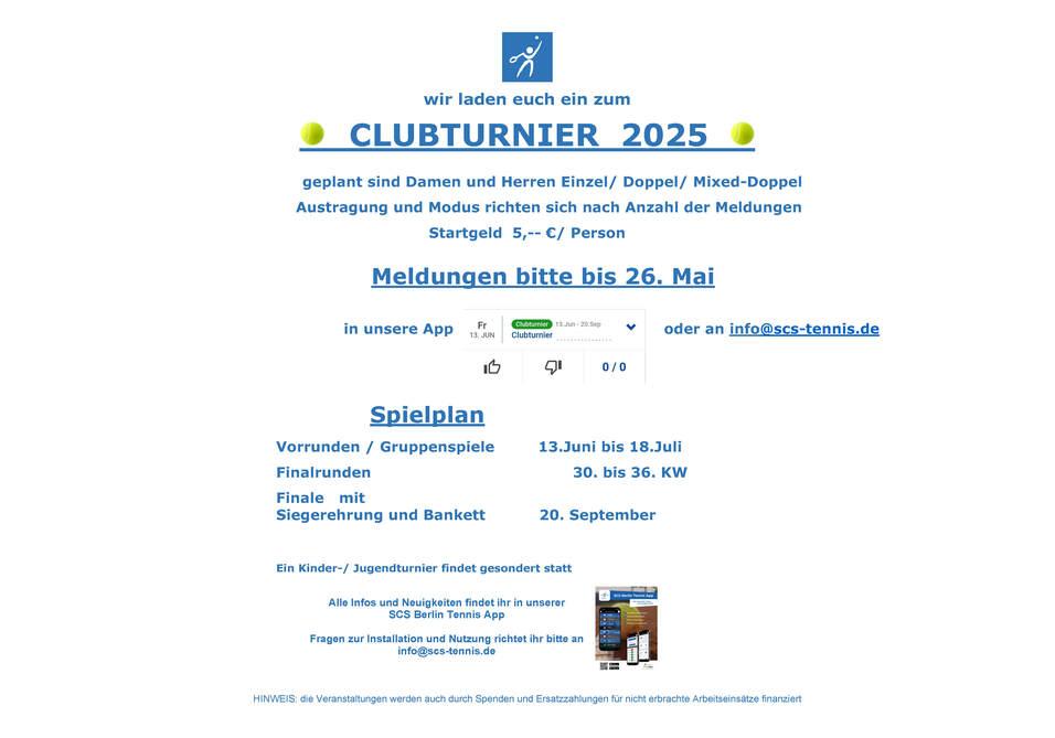 Ein Informationsblatt zum Clubturnier 2025 mit Terminen, Anmeldung und Spielplan für Tenniswettbewerbe.