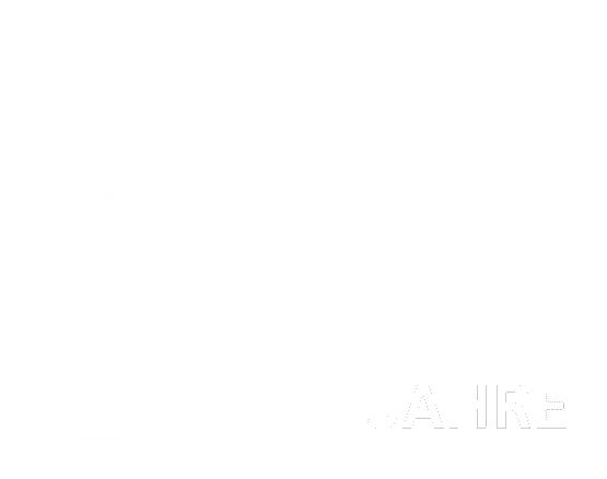 Logo mit dem Schriftzug „125 JAHRE“ und einer dynamischen Figur, umgeben von fünf Sternen auf schwarzem Hintergrund.