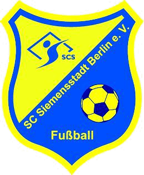 Wappen des SC Siemensstadt Berlin e.V. in Blau und Gelb mit Fußballmotiv und Vereinsname.