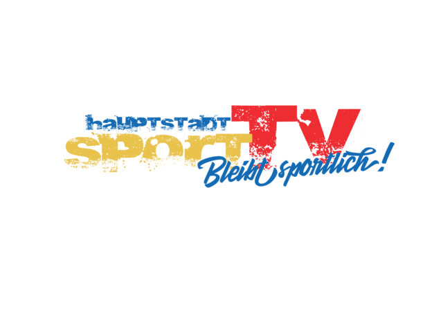 Logo von Hauptstadt Sport TV mit dem Slogan „Bleib sportlich!“ in auffälligen Farben.